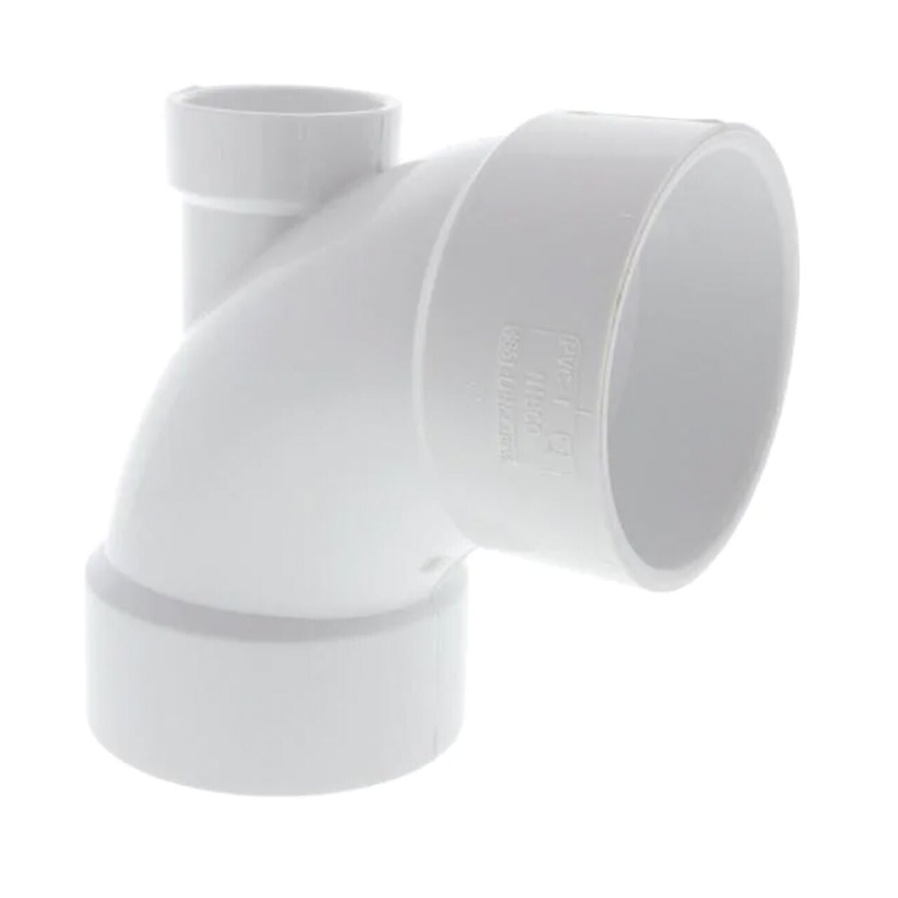 The Go Build 3 in. x 3 in. x 1-1/2 in. PVC DWV 90-Degree Hub x Hub Elbow is a white pipe fitting with a side outlet for plumbing connections.